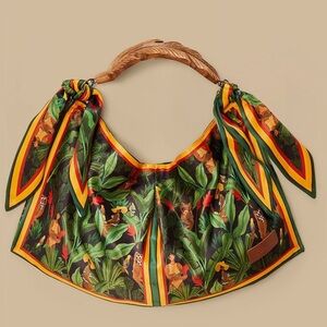 NEW RARE FARM Rio Beleza Tropical Scarf Mini Bag Jungle Print Wood Leaf Handle